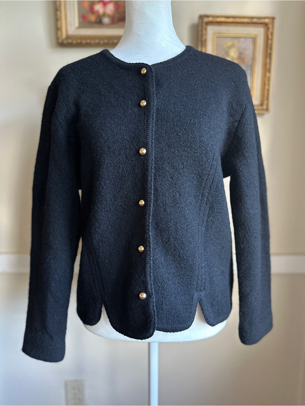 Vintage 100% Boiled Wool Cardigan with Gold Buttons M